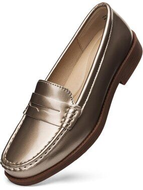 Women's Bronze Patent Leather Penny Loafers Slip On Flat Comfortable Shoes